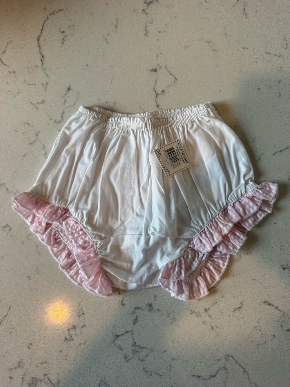 White Baby Bloomer Diaper Cover with Pink Ruffle Trim